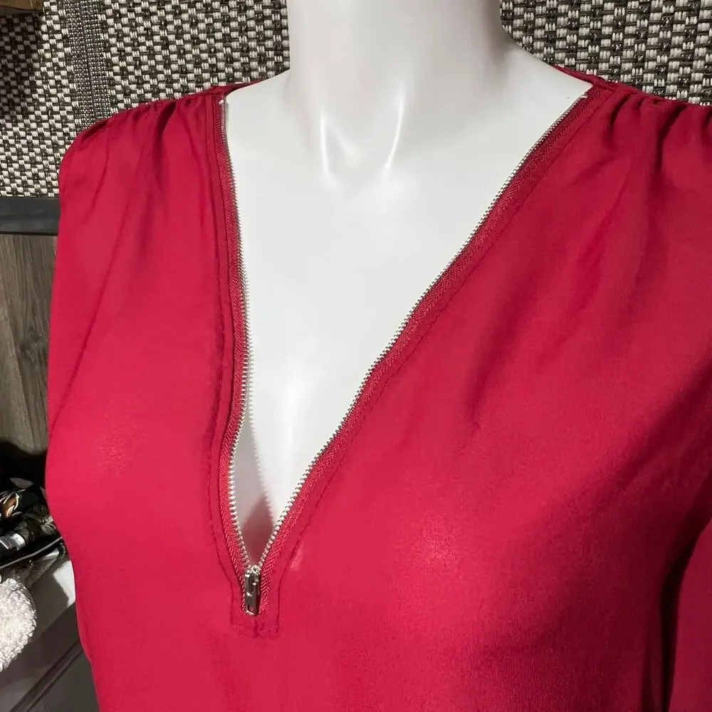 Womens Boutique Blouse Top Zipper Accent V Neck Sheer Roll Tab Sleeves Red